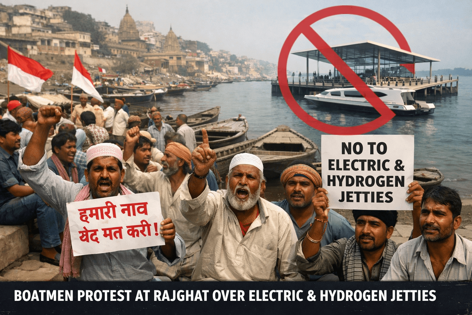 Boatmen Protest at Rajghat Over Proposed Electric and Hydrogen Jetties
