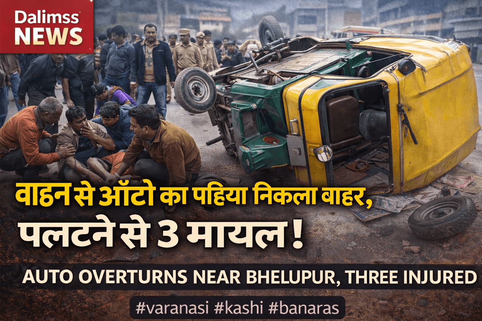 Auto Overturns Near Bhelupur Water Tank After Wheel Comes Off