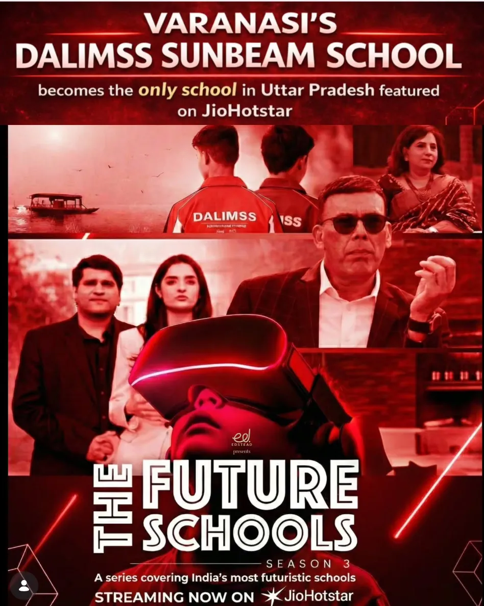 Promotional graphic stating that Dalimss Sunbeam School Varanasi was featured on JioHotstar