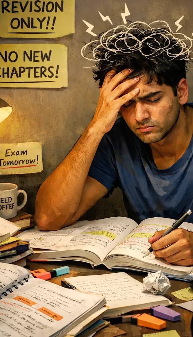 Illustration of a stressed young man clutching his head while studying at a desk piled with books and notes.