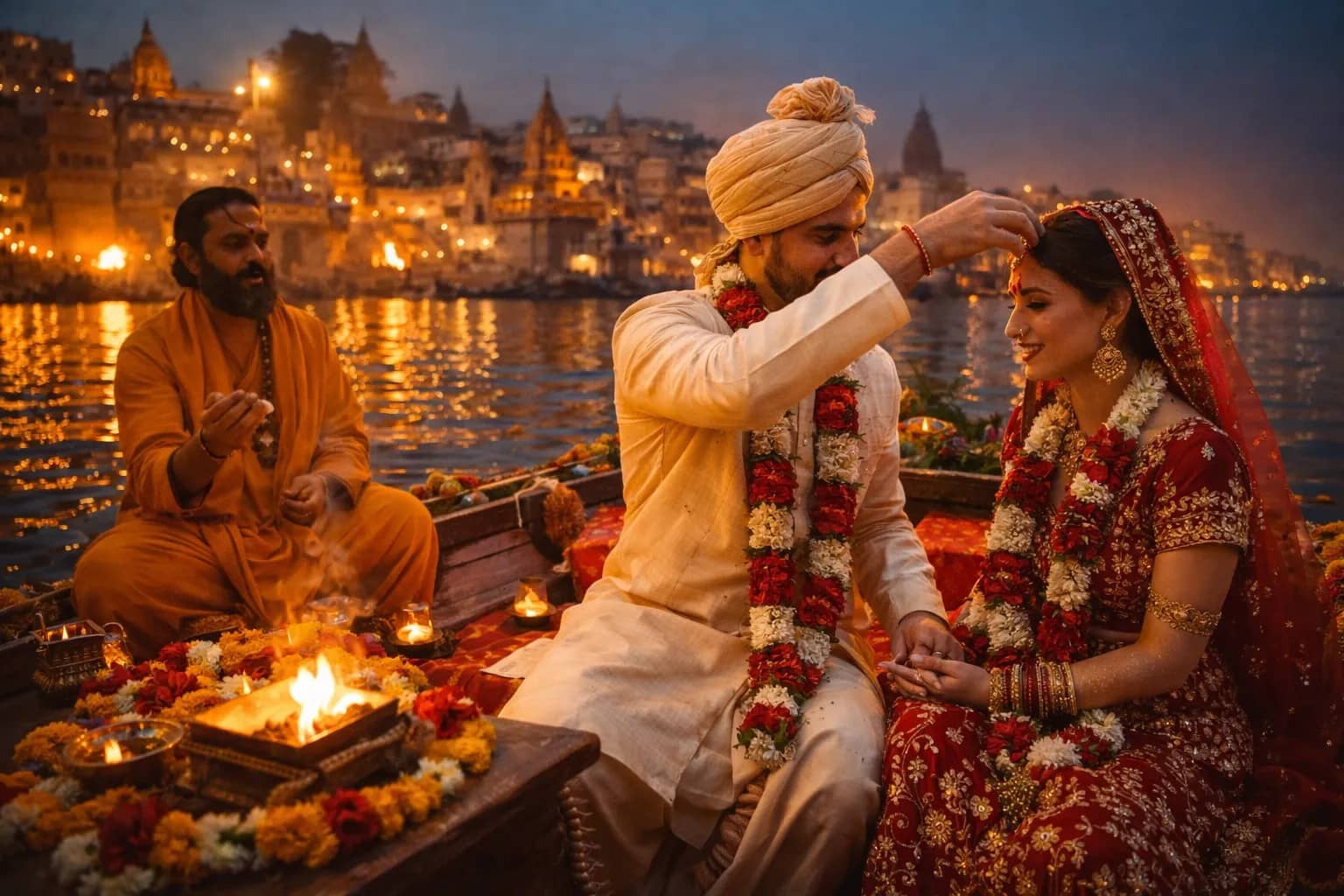 Canadian Couple Celebrates Traditional Hindu Wedding on Boat in Varanasi Near Manikarnika Ghat