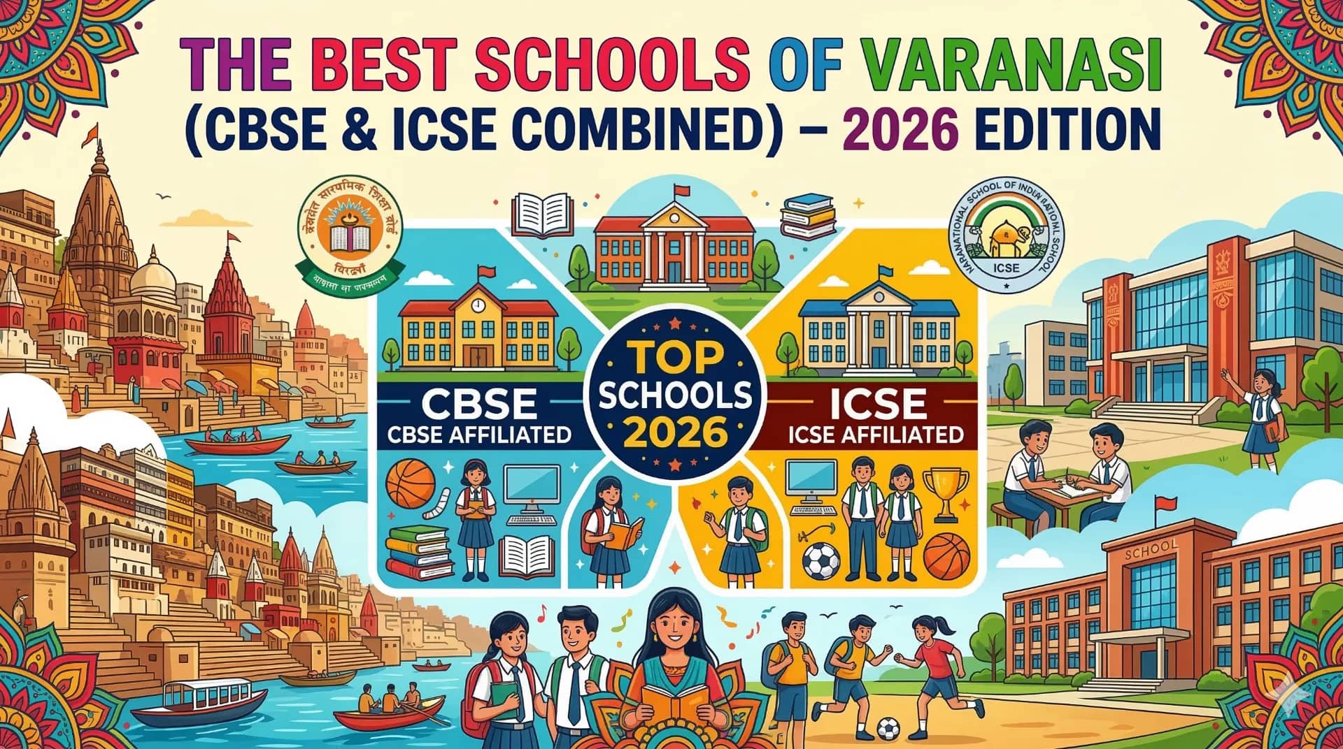 Colourful illustration of riverside temples, school buildings and uniformed students under the title The Best Schools of Varanasi.