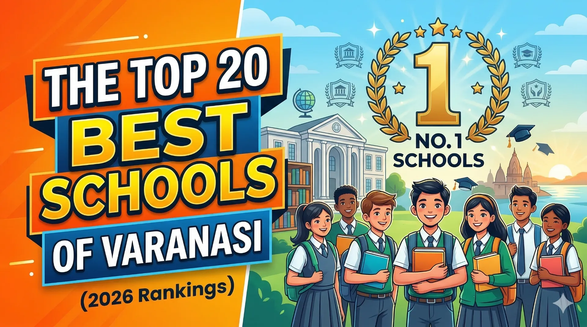 Cartoon of smiling uniformed students holding books before a school building, with the title Top 20 Best Schools of Varanasi.
