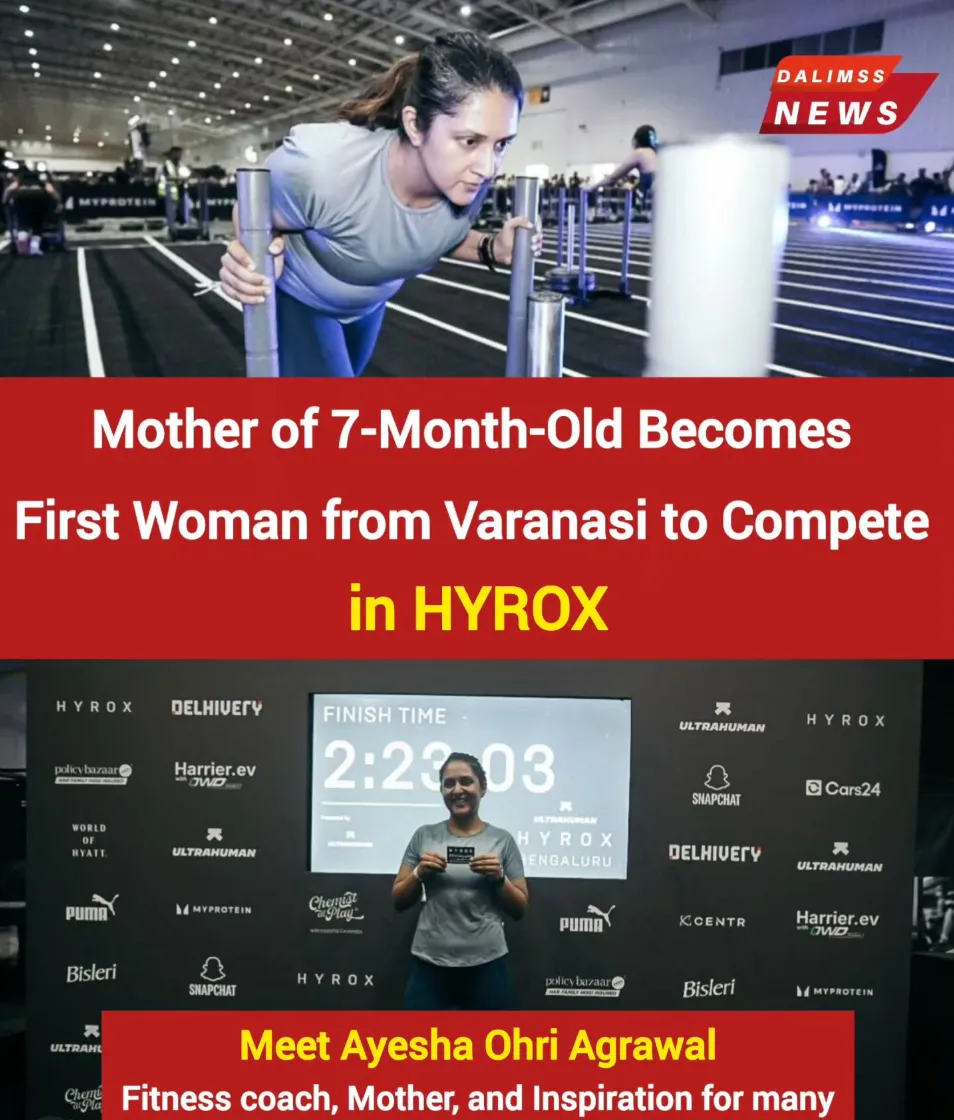 Collage showing a woman pushing a weighted sled in an indoor arena and posing before a HYROX finish-time screen.