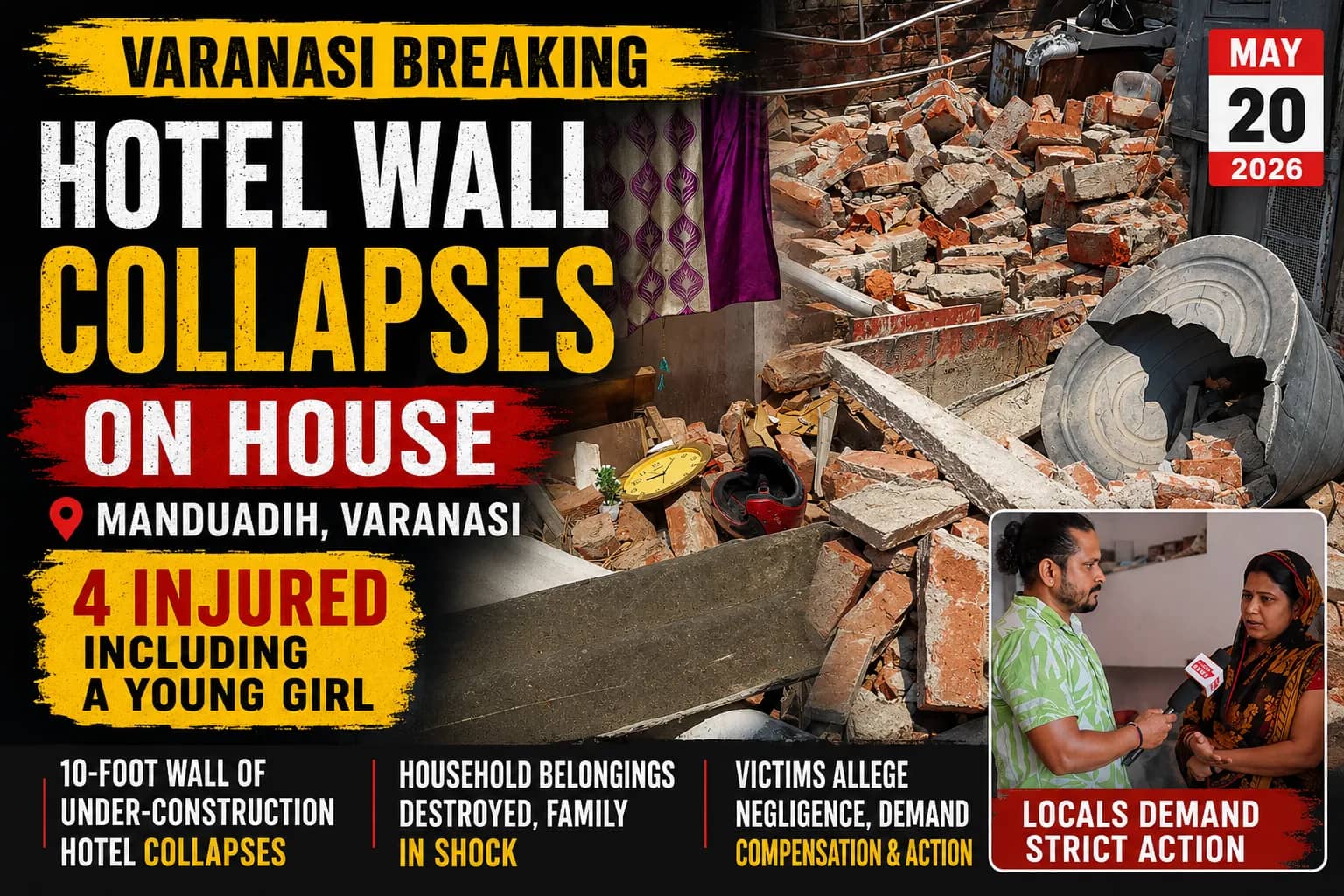 Varanasi: Under-Construction Hotel Wall Collapses on House in Manduadih, Four Injured