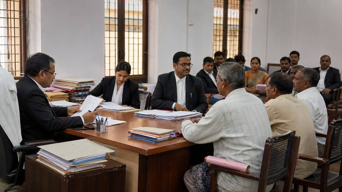 Court officials and lawyers reviewing case files during a Lok Adalat meeting in Varanasi