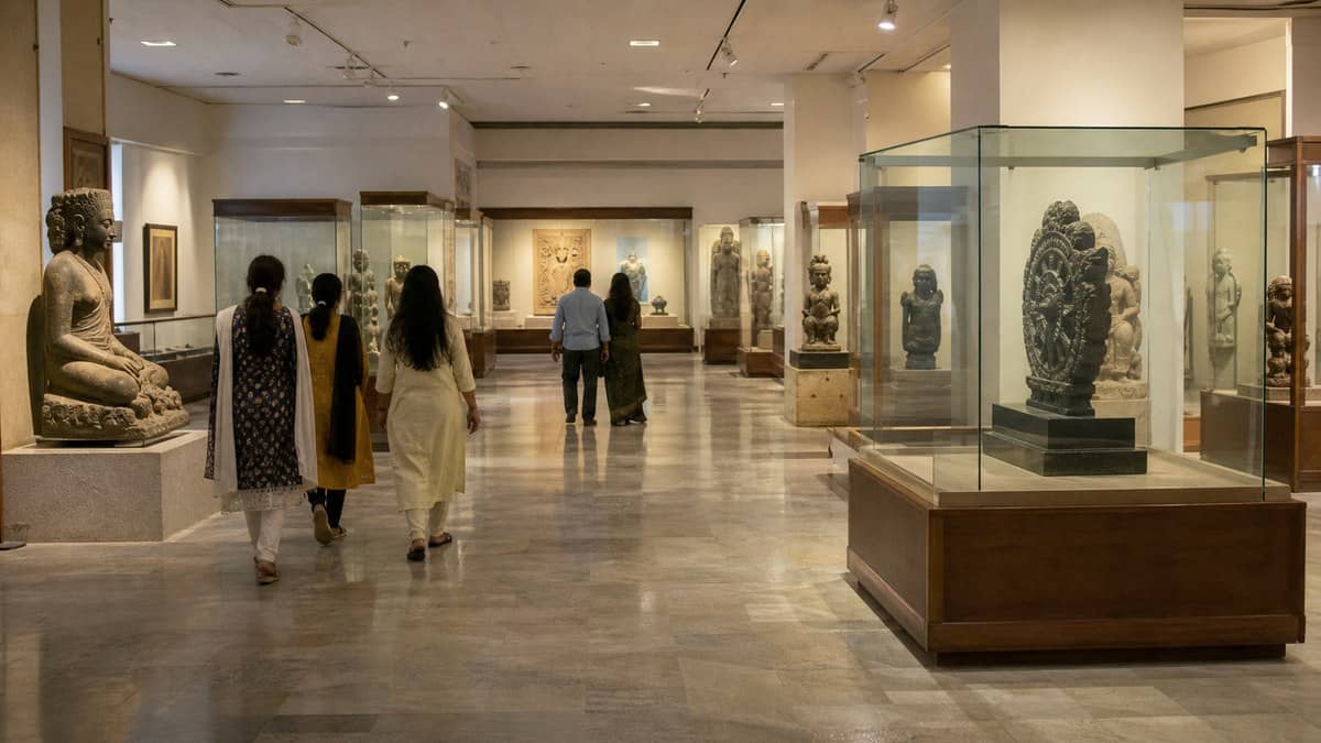 Visitors walking through a museum gallery at Bharat Kala Bhavan in Varanasi