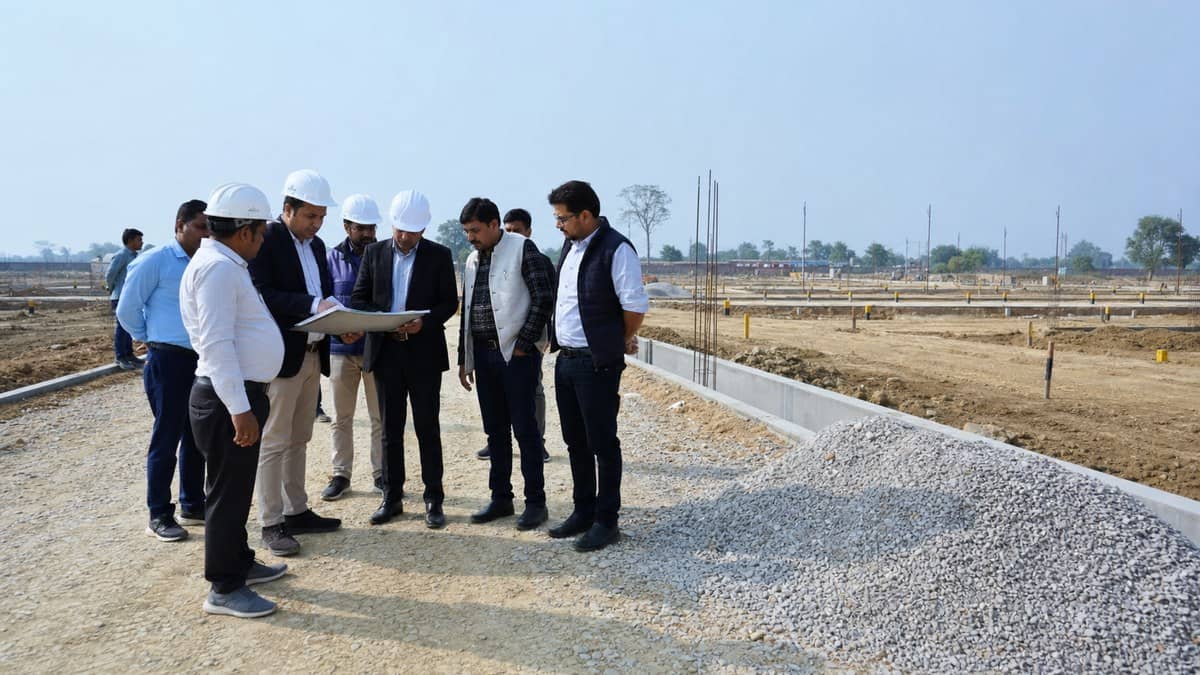 Officials inspecting a township development site near Varanasi