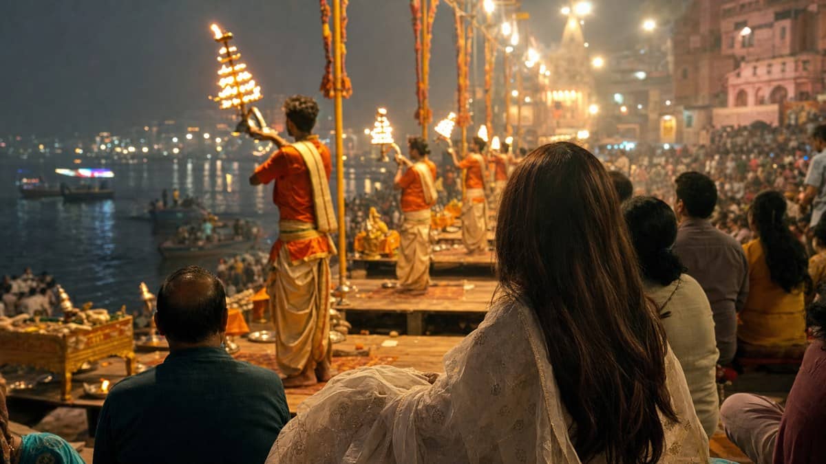 Evening celebrity visit atmosphere during a Varanasi cultural stop