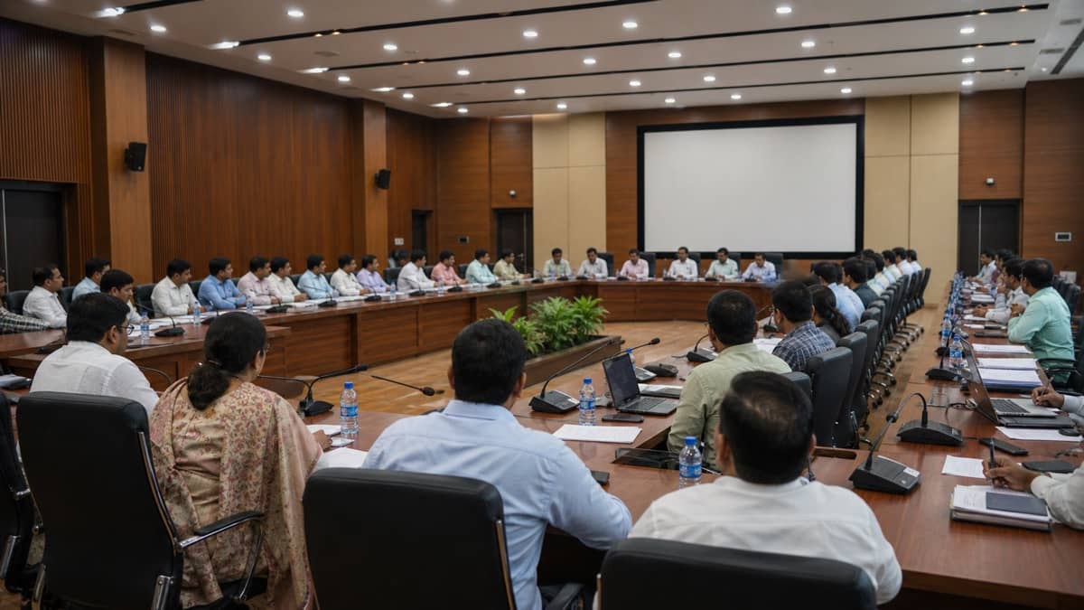 Officials reviewing construction and infrastructure documents at a Varanasi meeting