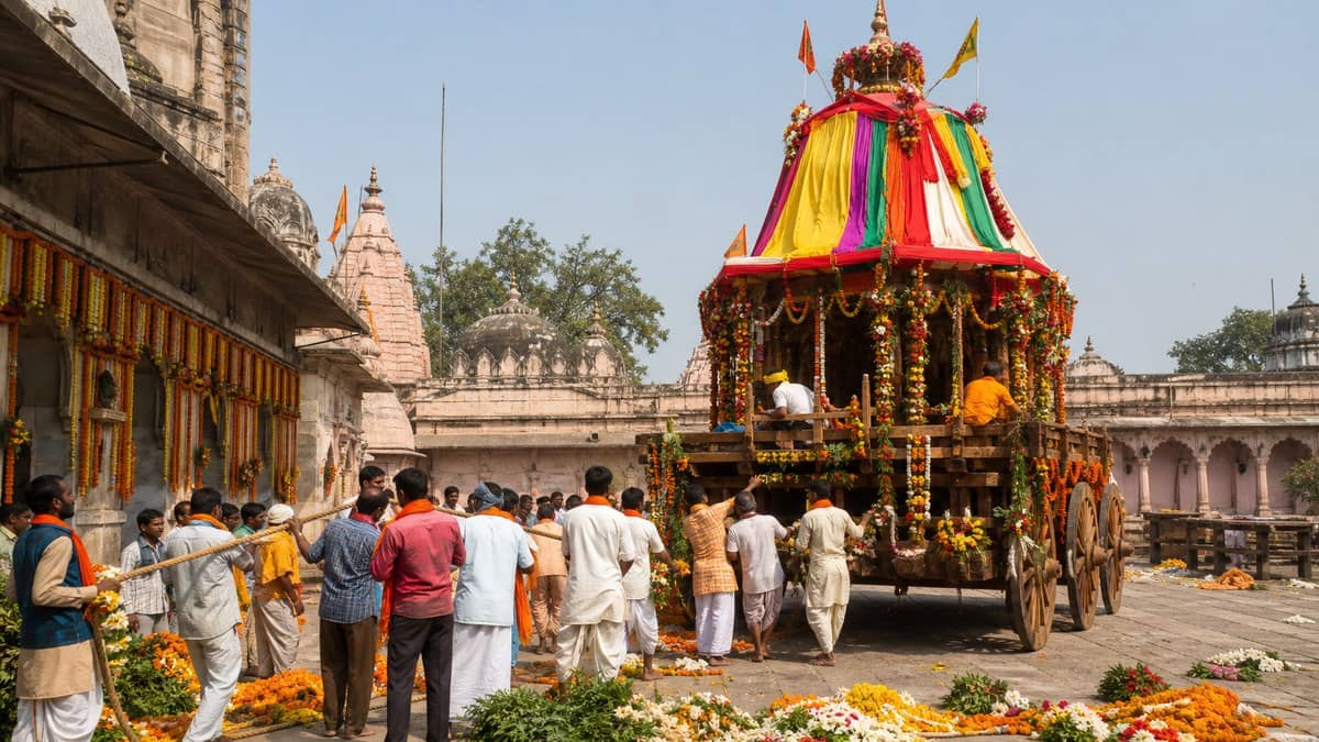 Devotees and visitors near a decorated temple procession in Varanasi