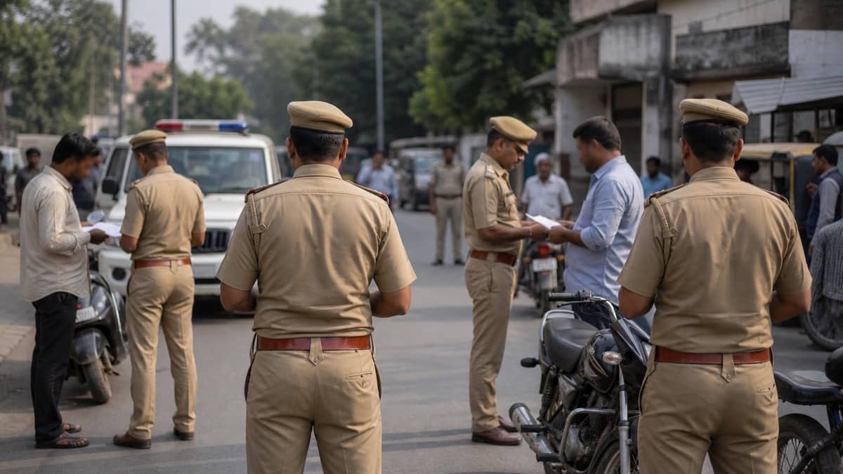 Police teams reviewing documents during an arrest briefing in Varanasi