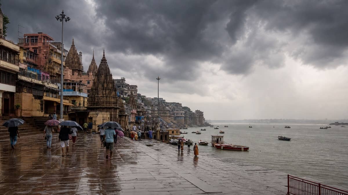 Monsoon clouds over a temple and Ganga route in Varanasi where cleanliness remains important