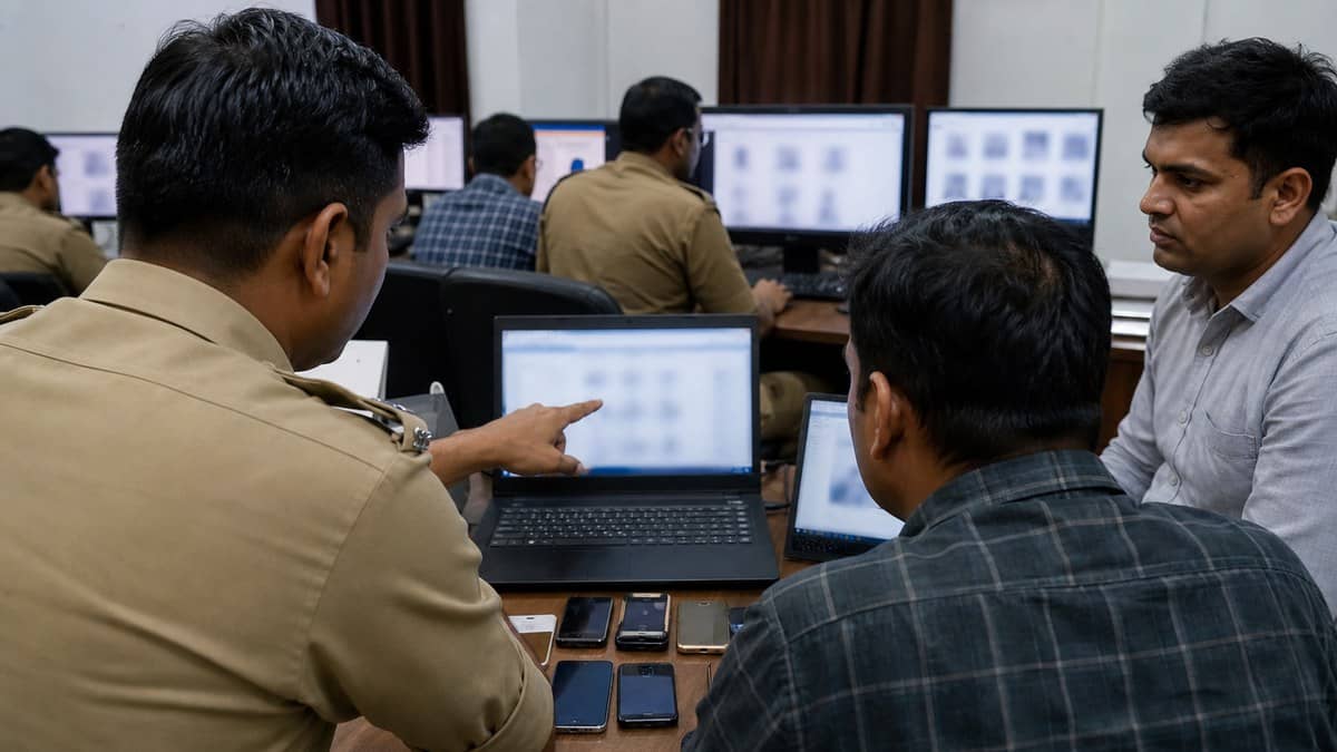 Cyber cell officers reviewing phones and laptops during a fraud investigation