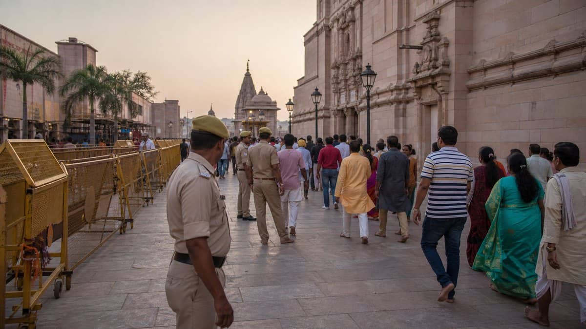 Security and devotees outside Shri Kashi Vishwanath Temple during an official Varanasi visit
