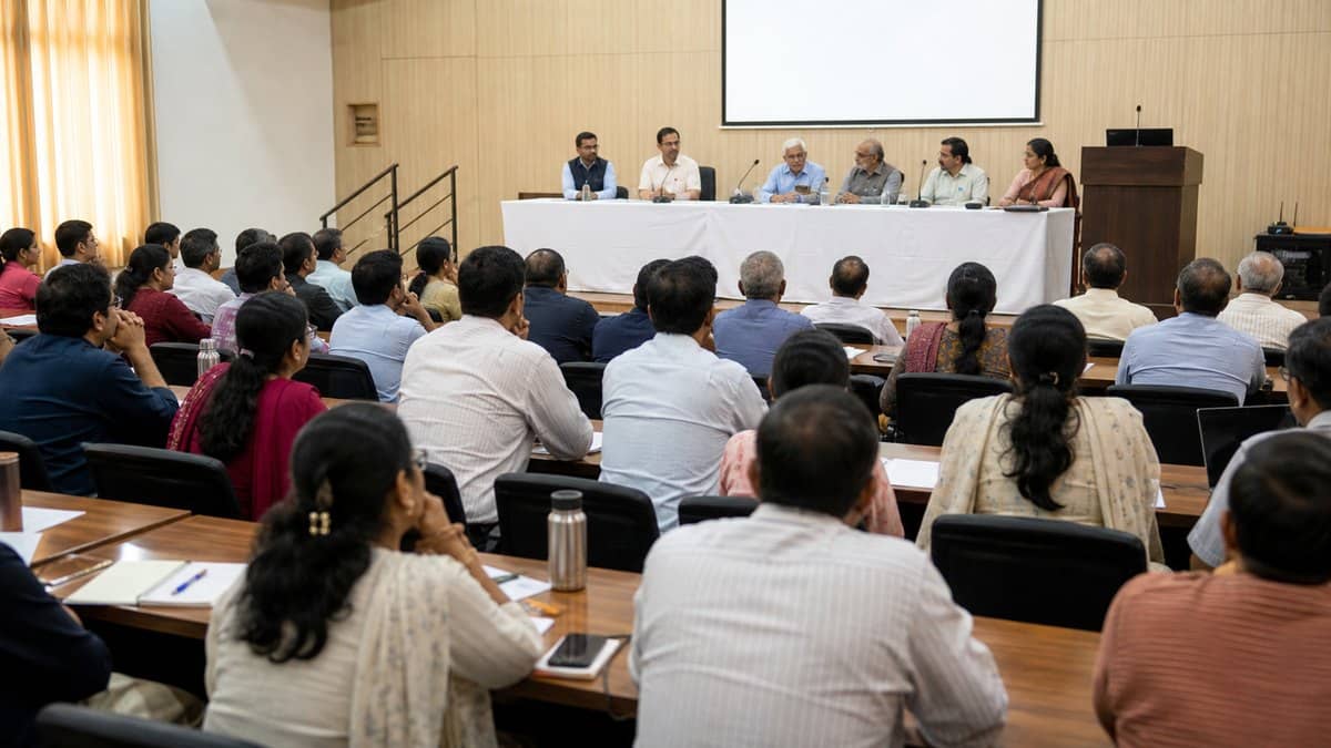 Scholars and teachers attending an academic conference inside a BHU seminar hall