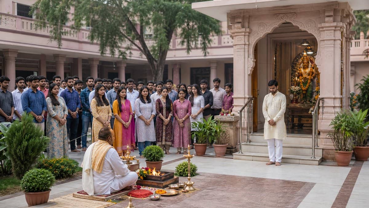 Students and university staff gathered outside the BHU Vishwanath Temple before a campus ceremony