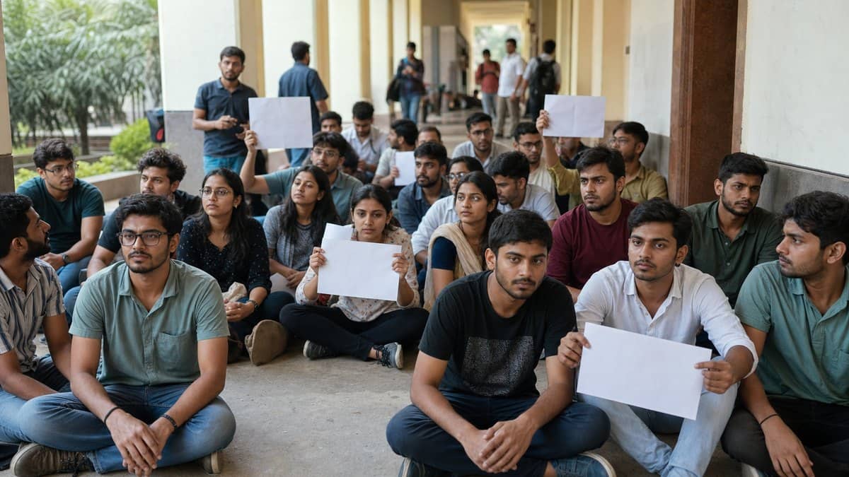 Students sitting in protest outside a university department building in Varanasi