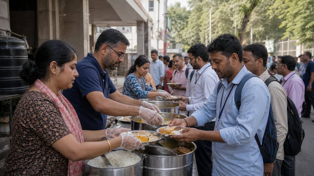Volunteers serving fresh meals to people at a community food distribution point in Varanasi