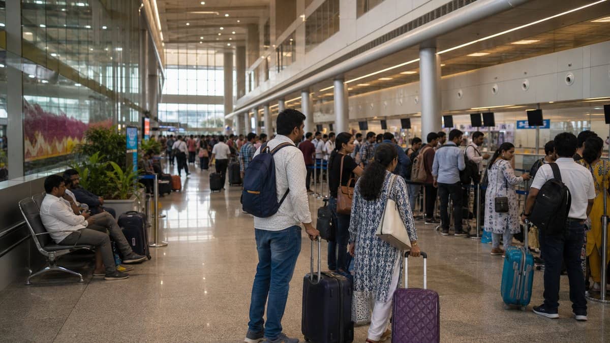 Passengers walking through the departure area of Lal Bahadur Shastri International Airport in Varanasi