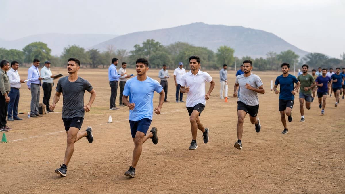 Young candidates running on a ground during a disciplined recruitment fitness test
