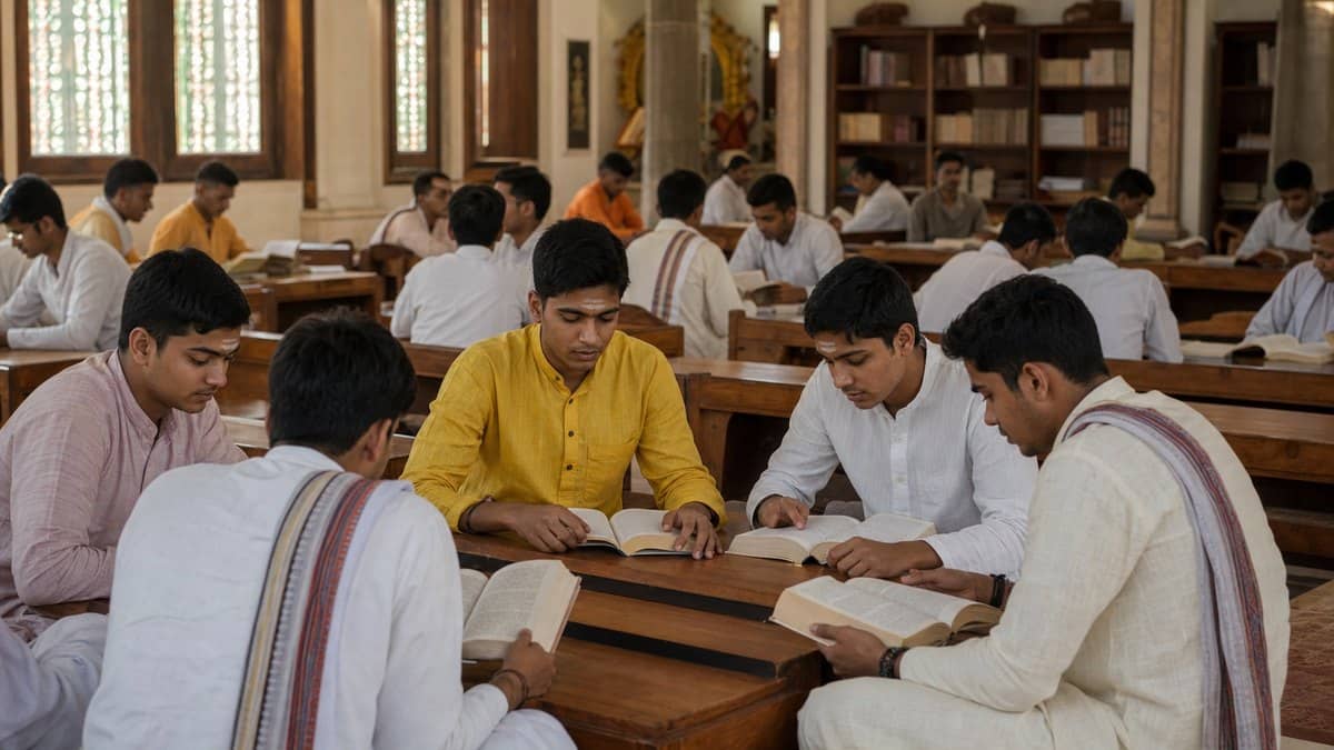 Students reading books together in a university library hall