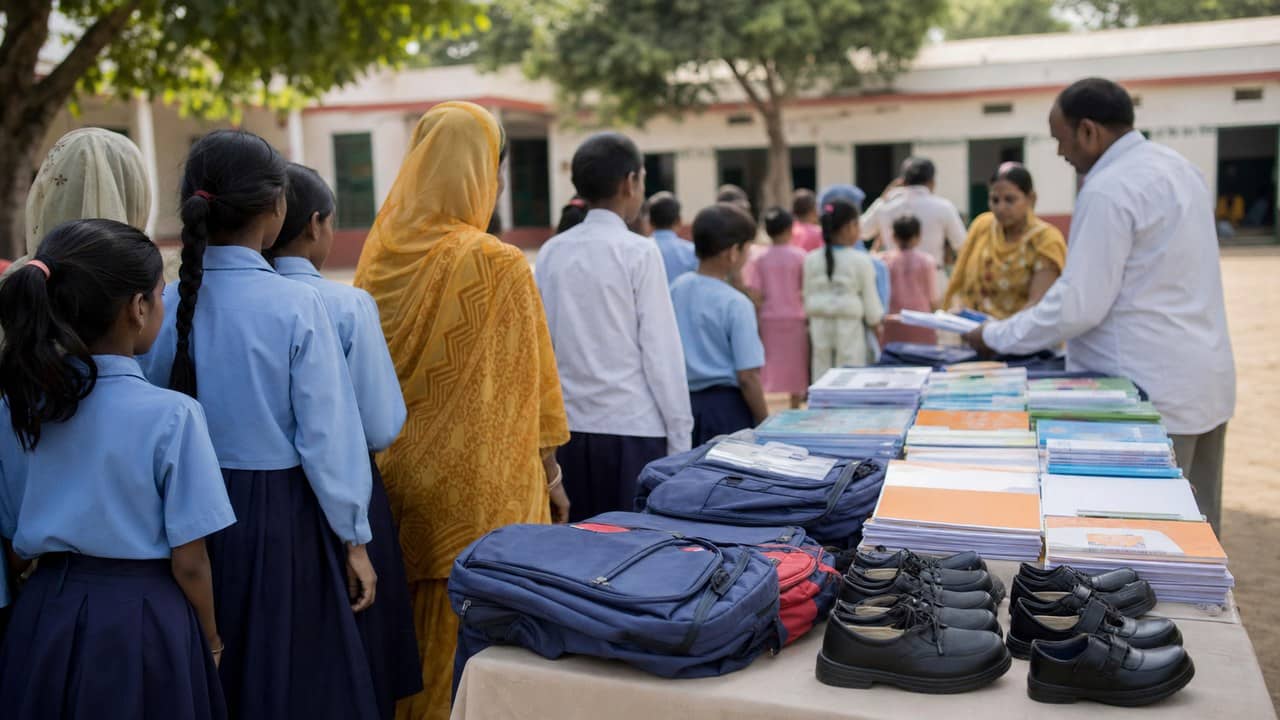 Government school students and parents receiving support for school supplies in Uttar Pradesh