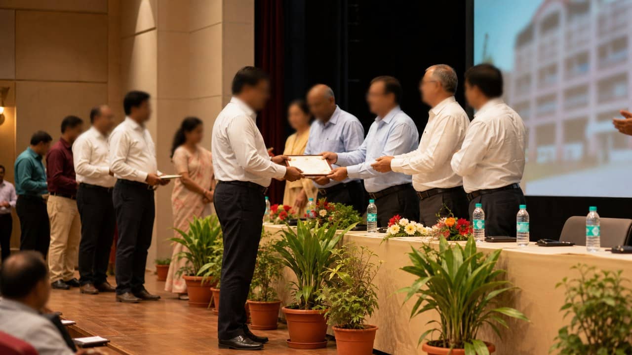 Principals receiving certificates at an education event in Varanasi