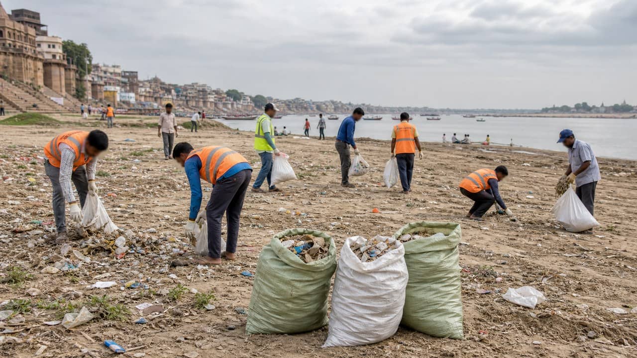 Volunteers collecting plastic waste from Ganga sandbanks opposite Varanasi ghats