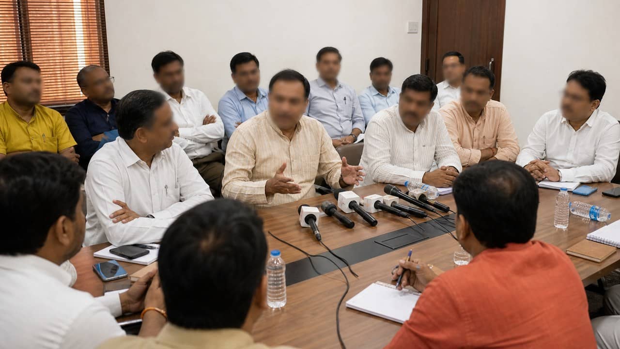 Local political workers discussing a controversy at a press table in Varanasi