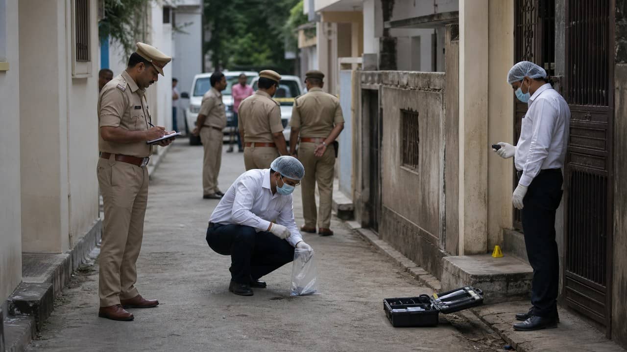 Police and forensic team examining a residential lane during a sensitive investigation in Chandauli