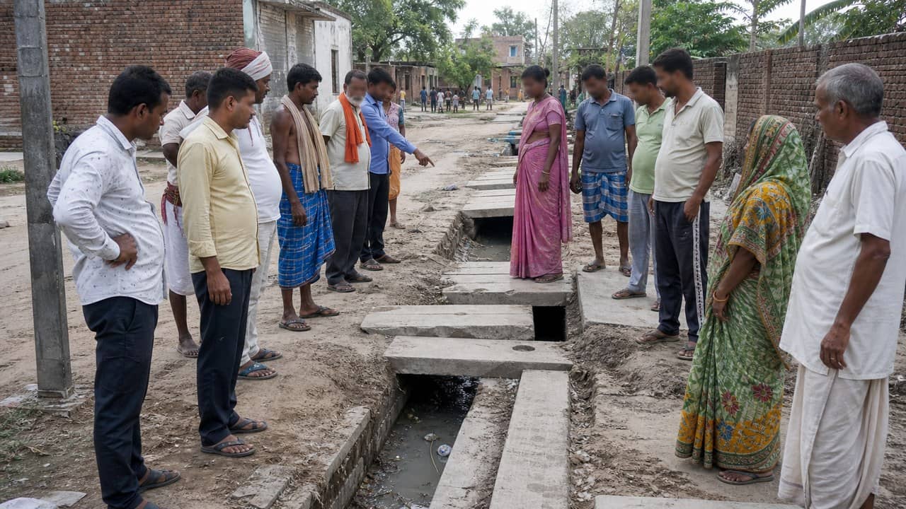Residents standing near broken drain slabs on a village road in the Kachanar area of Varanasi