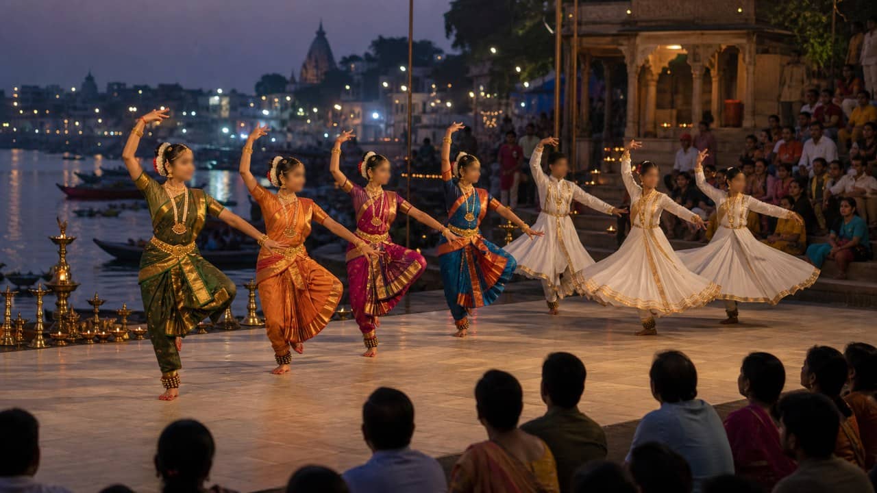 Bharatanatyam and Kathak trainees performing at an evening cultural stage on Assi Ghat in Varanasi