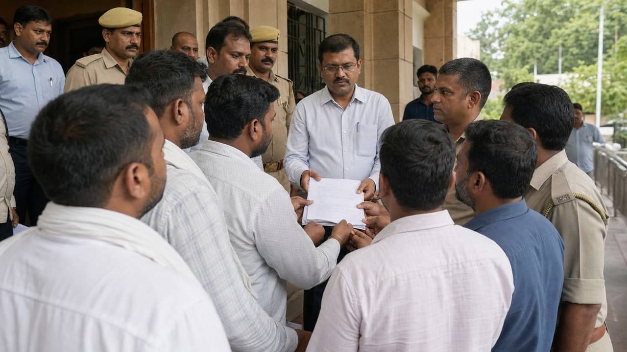 Political workers submitting a protest letter to police officials in Varanasi