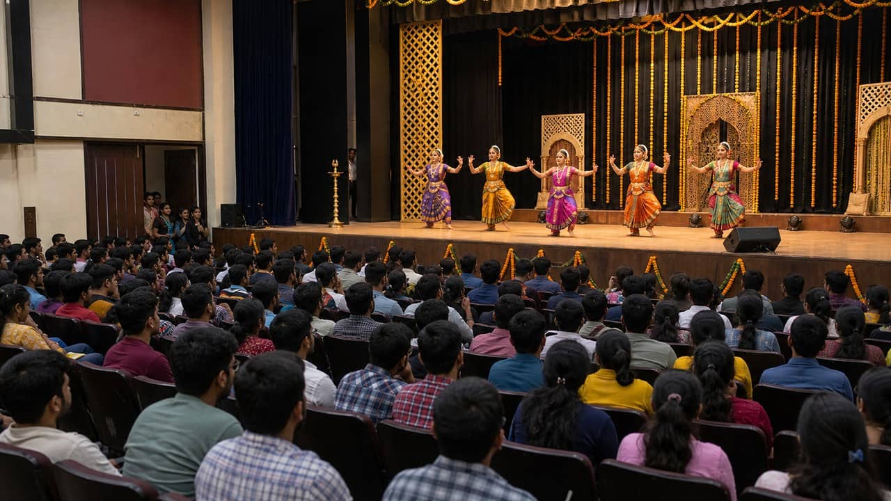 Students performing at a cultural programme in a BHU auditorium