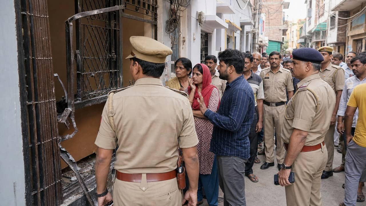 Lawyers gathering outside a police office after an alleged attack in Varanasi
