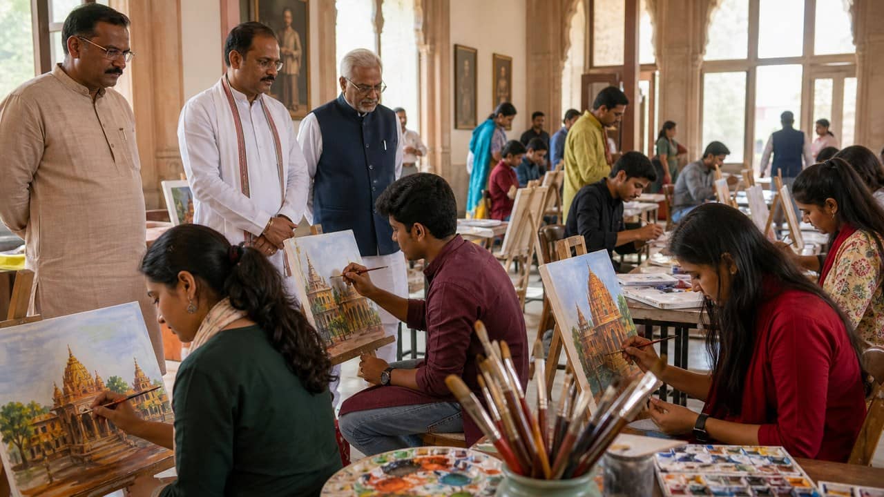 Students taking part in a painting competition at Sampurnanand Sanskrit University