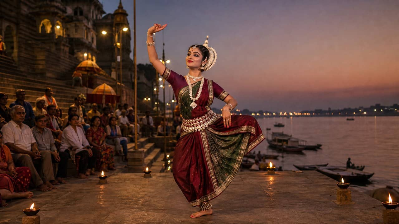 Odissi artist performing on an evening stage near the Ganga in Varanasi