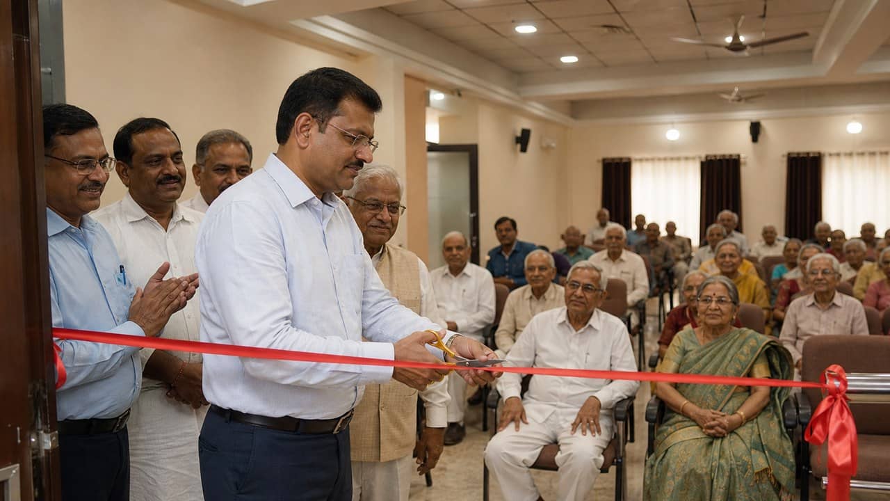 Senior citizens and local representatives at an auditorium inauguration in Ramnagar