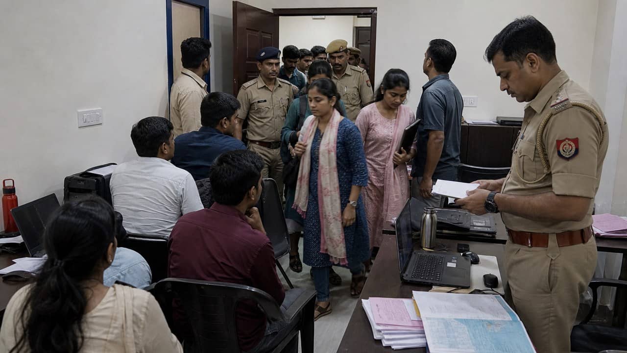 Police team rescuing youths from an alleged fake network marketing office in Varanasi