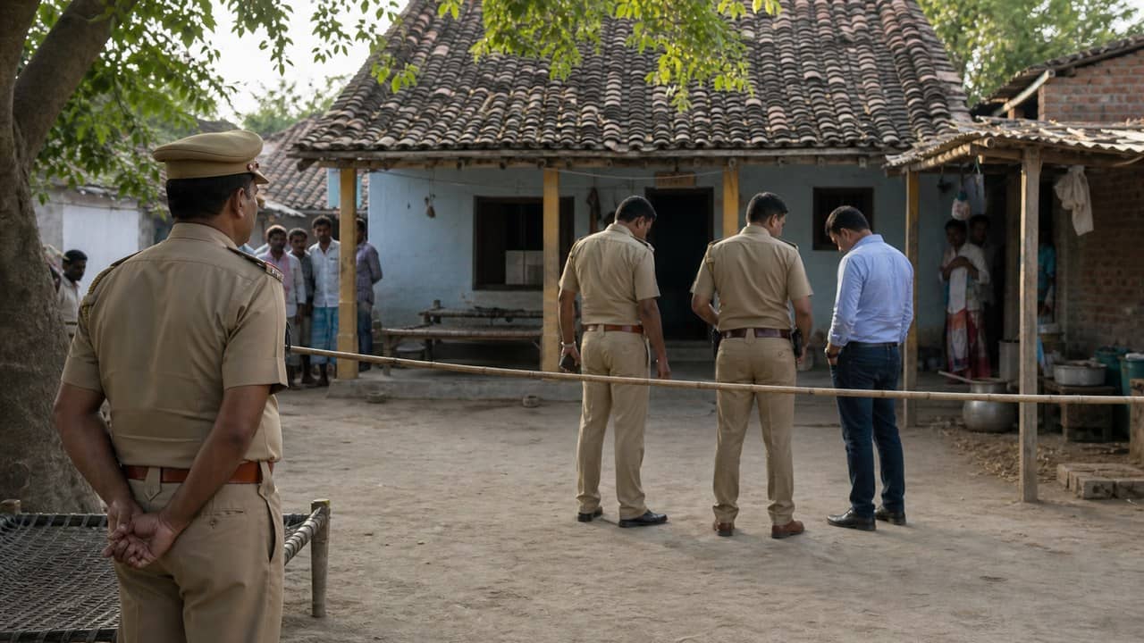 Police and forensic team investigating a rural crime scene in Azamgarh