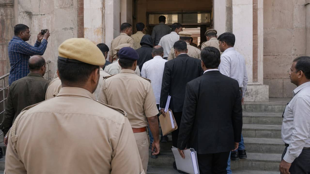 Police and lawyers outside a Jaunpur court during a surrender in a murder case