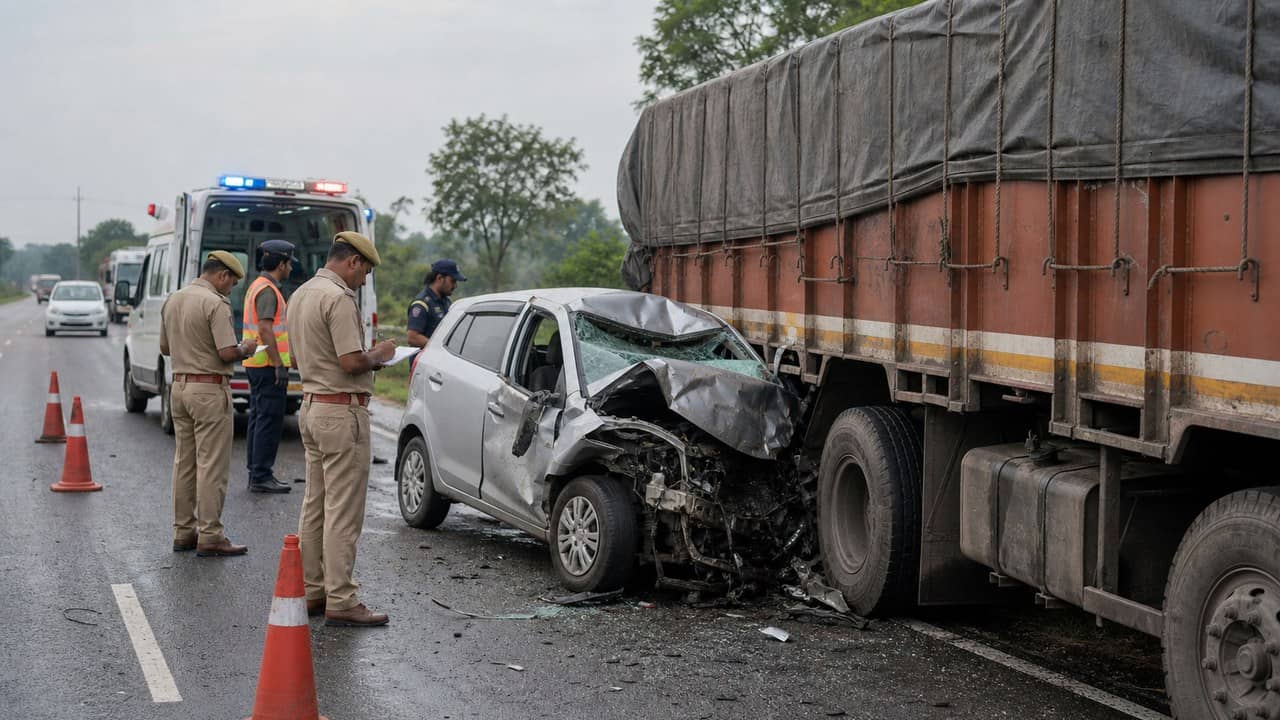 Police inspecting a damaged car after collision with a parked truck in Bhadohi