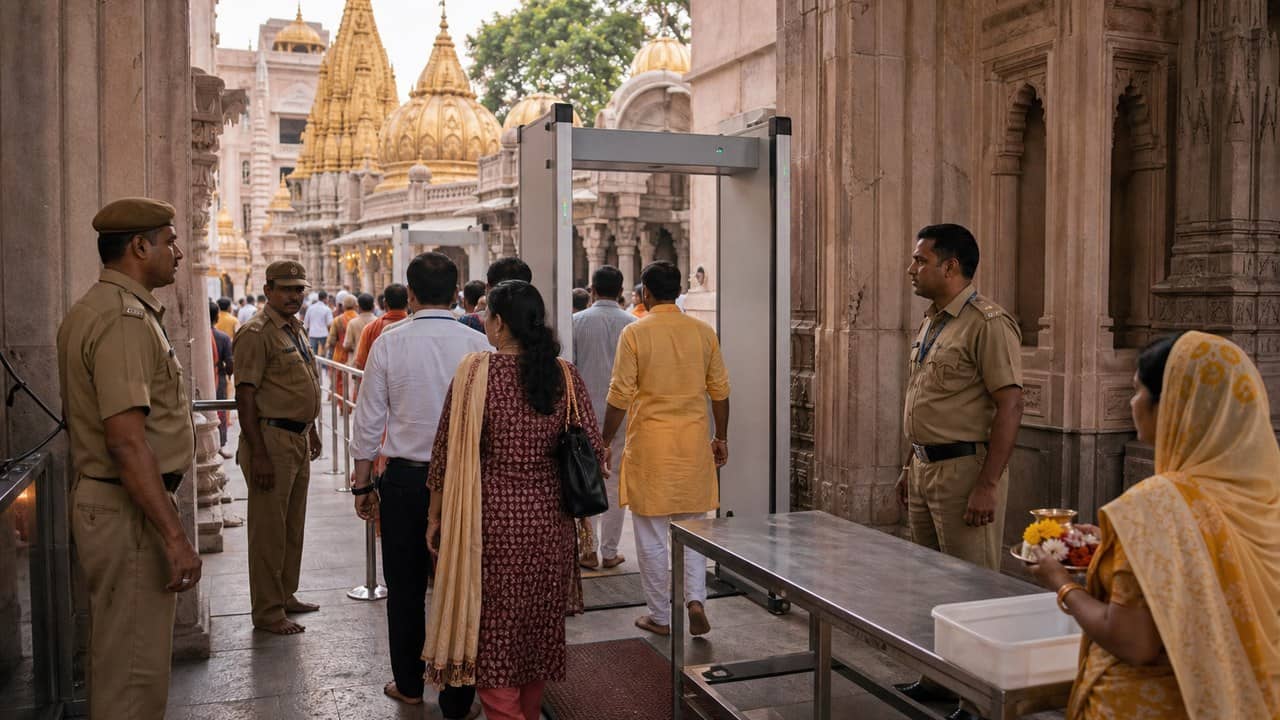 Security personnel monitoring the Kashi Vishwanath temple area in Varanasi