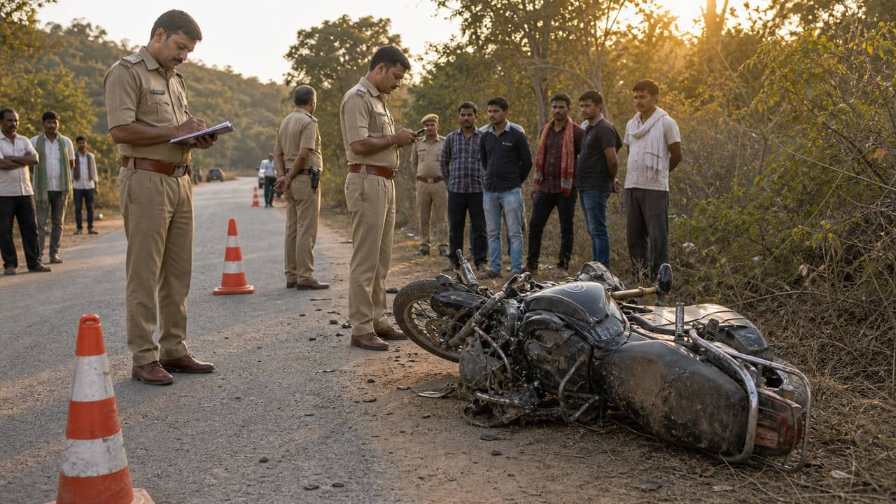 Family members and police near a road accident site in Sonbhadra