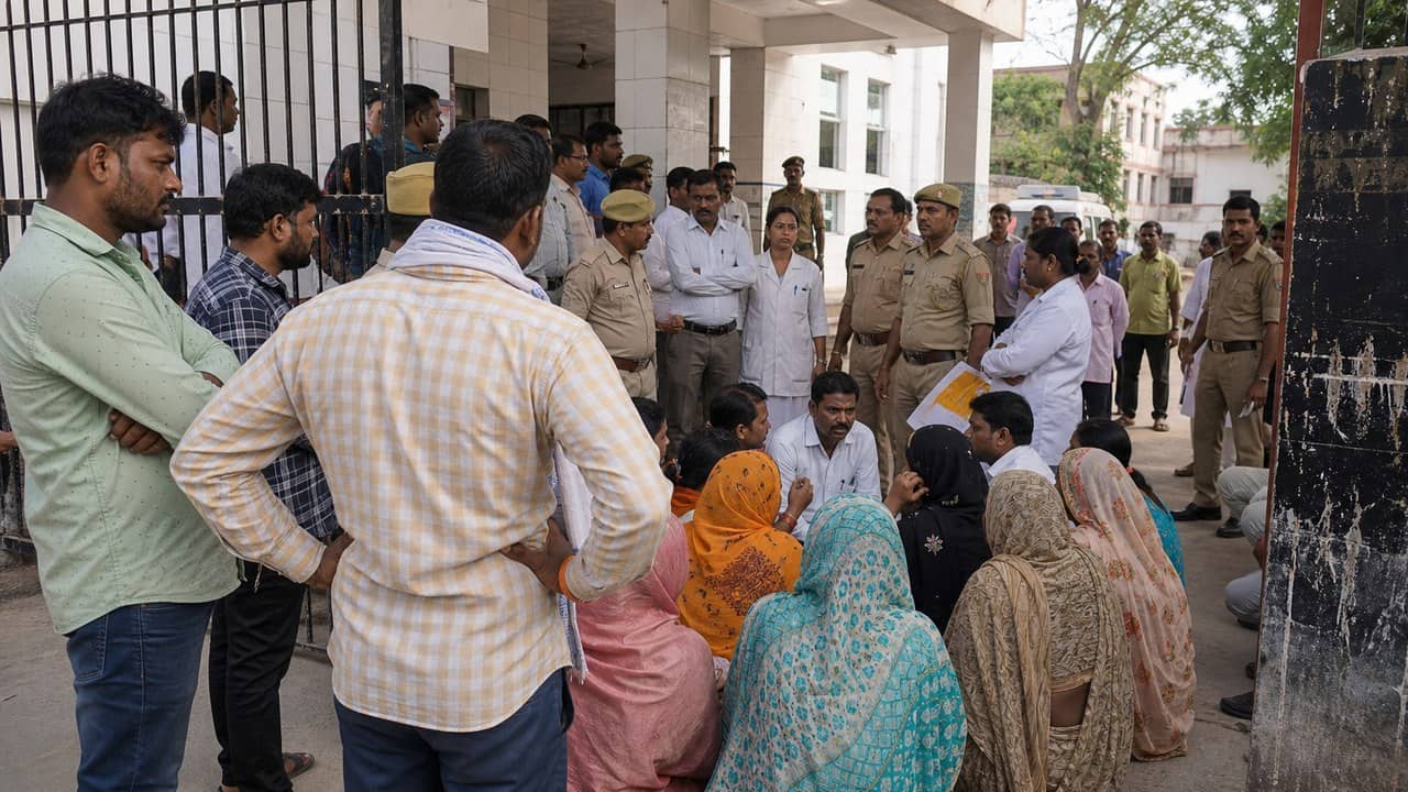 Police and relatives outside an Azamgarh hospital after a medical negligence allegation