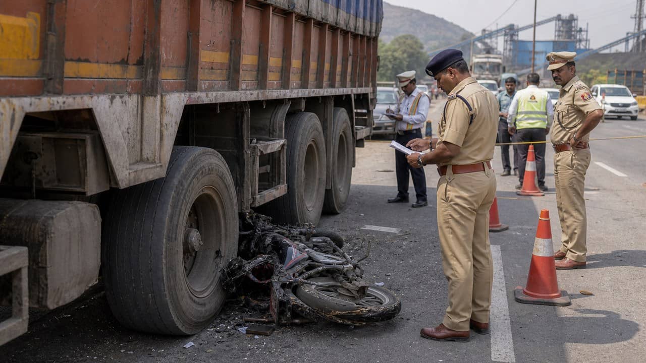 Police inspecting a highway accident involving a trailer and bike in Sonbhadra