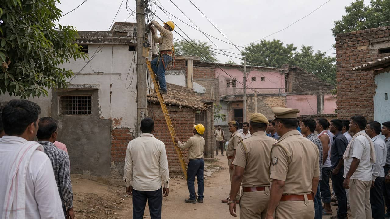 Villagers near an electric pole in a field after an electrocution incident in Ghazipur