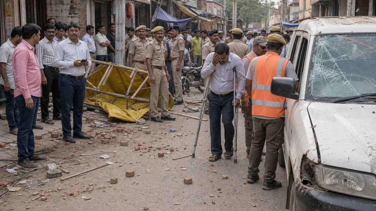 Administrative and police team near a damaged JCB during anti-encroachment action in Jaunpur