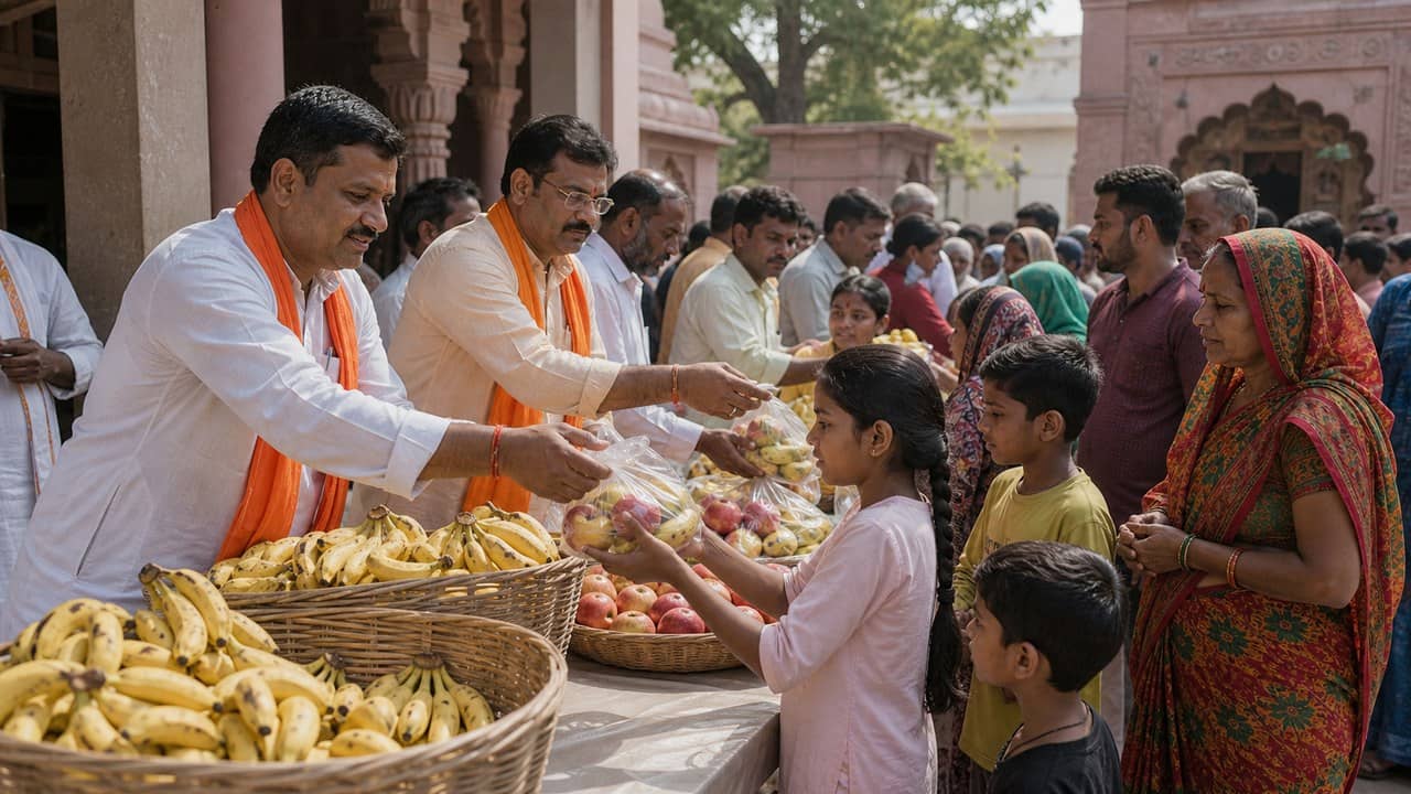 Volunteers distributing fruits during Baba Nag Nath punyatithi in Varanasi